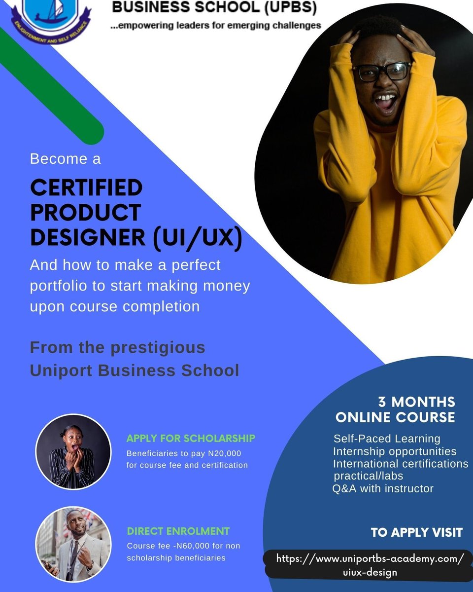 Want to become a professional UI/UX designer for top tech companies in Nigeria and other countries? 
Uniport Business school is offering scholarships for both students and non-students to enrol for the UI/UX Certificate Online Course to learn how to design websites and Mobile App