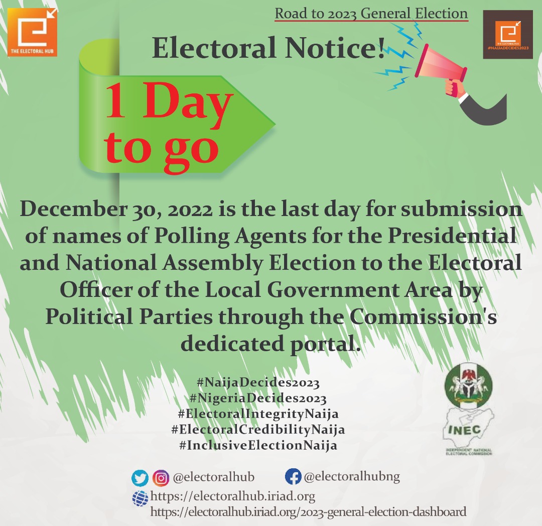 Road to 2023 General Election!
Electoral Notice!
Submission of Political Parties Poll Agents to INEC.
#NaijaDecides2023
#NigeriaDecides2023
#ElectoralIntegrityNG
#ElectoralCredibilityNG
#ElectoralInclusivity