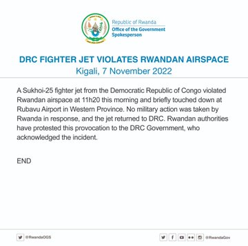 CyizaLiza's tweet photo. This follows a most recent similar airspace violation not forgetting the shelling of Rwandan territory & killing of innocent ppl, attacking our border post injuring security officials. All this is a reward for Rwanda's silence & reservation from unnecessary war. #DRCProvocations https://t.co/nZEBb9RKFn
