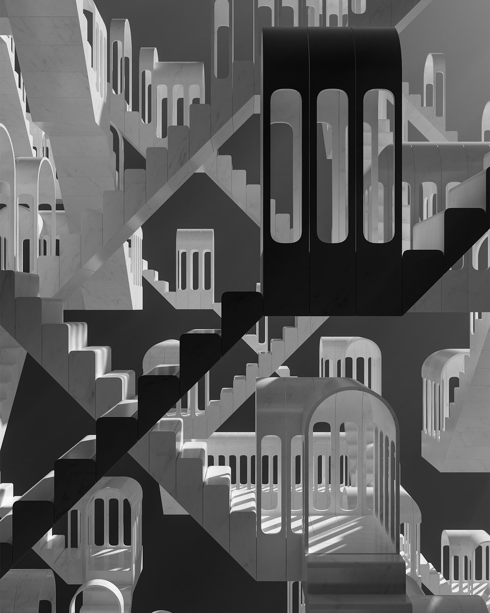 In Transit VI

#transit #ascending #descending #loop #repetition #infinite #steps #stairs #architecture #arches #concept #marble #art #digitalart #blackandwhite #cgi #render