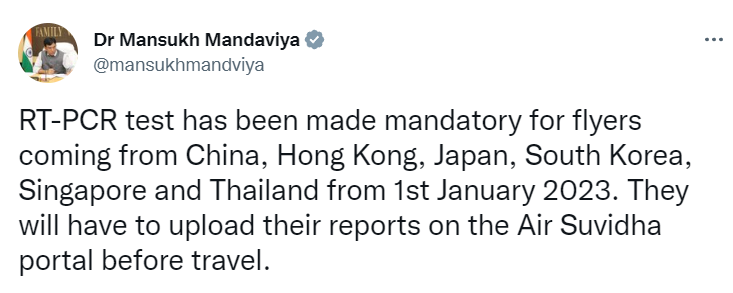 timesofindia's tweet photo. RT-PCR test made mandatory for flyers coming from China, Hong Kong, Japan, South Korea, Singapore and Thailand from 1st January 2023. They will have to upload their reports on the Air Suvidha portal before travel: Union Health Minister Mansukh Mandaviya https://t.co/ucec44UpD5