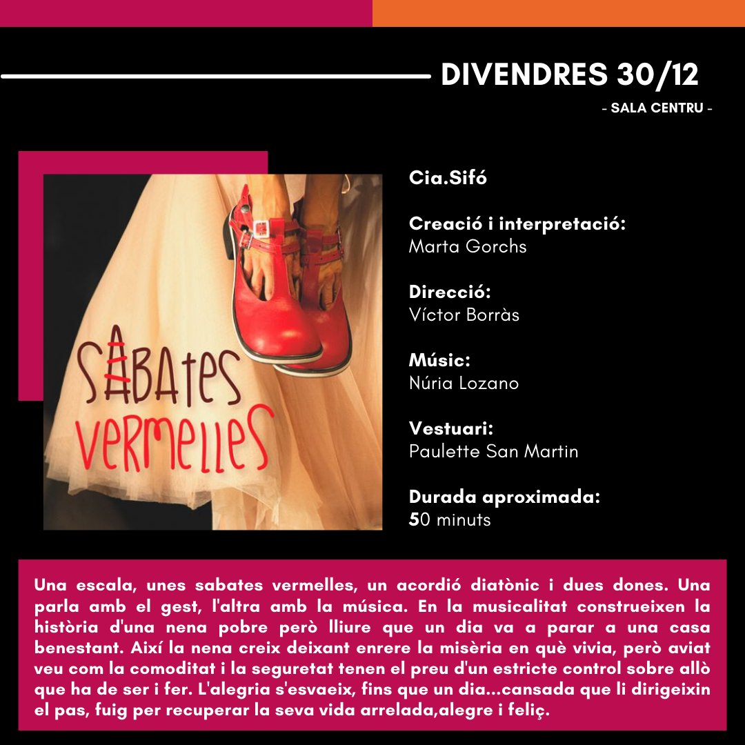 #TMC_ElCentru | 🎭 Aquest divendres 30 de desembre, ÚLTIMA FUNCIÓ de l'any 2⃣0⃣2⃣2⃣ a la Sala Centru del #TMCanet ‼

La Cia Sifó ens porta la representació de 'Sabates Vermelles', una funció pels més petits de casa.

🕐 a les 18 h.