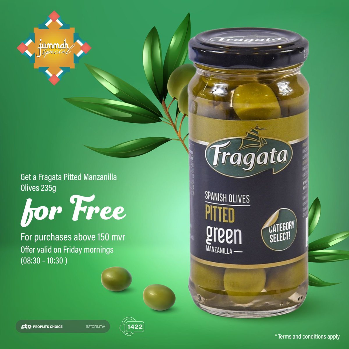 stopcmv's tweet photo. Shop from STO People’s Choice this #FridayMorning &amp; get a #Fragata olives 235g for 🎉 FREE 🎉

⏰ 08:30 - 10:30am 
#JummahSpecial #HappyWeekend https://t.co/CS8sFfKgbX