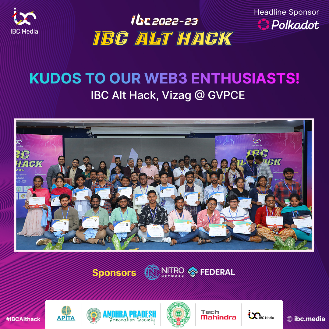 IBCMedia_'s tweet photo. Kudos to our Student Web3 Champions!
A big shout out 📣 to all participants of Alt Hack Vizag @gvpce
Way to go students! Your enthusiasm gave us confidence and energy 🤩
#blockchain #web3 #ibchackfest #ibcalthack #ibc2022 #students #Engineering #vizag #AndhraPradesh https://t.co/KgcRwgEjX6
