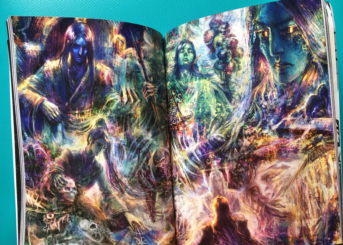 My contributor's copy of the <a href="/NightHauntZine/">NightHauntZine | Zine PDF out! 👻</a> has finally arrived🥳 - with a decidedly wonderful print quality of He Xuan's story I've painted for it🖤 The colours and textures turned out so good, especially the teal hues🔥