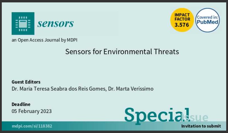 MartaISVA's tweet photo. Dear colleagues,

📢Our Special Issue entitled "Sensors for Environmental Threats" at @Sensors_MDPI  is still open for submission.

📌For more information, please get in touch with us or follow the link:  https://t.co/vG5Oe40oLu

@CESAM_Univ 
@UnivAveiro https://t.co/AudBfI5MgQ
