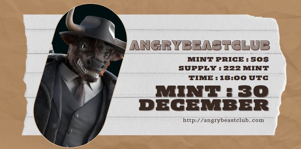 Its time to unleash all the beast. 222 beasts will be available on the 30th December, 2022 at 18:00 UTC!
Make sure to get your hands on these early beast!
<a href="/AngryBeastClub/">AngryBeastClubNFT.SOL</a>
 #nft #MintingSoon