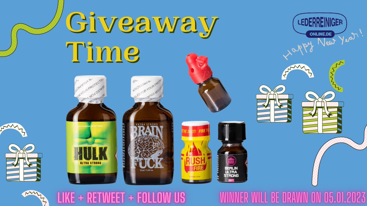 Time for the next Giveaway 2023🎁 Get 4 bottles and a sniffer for free: Hulk, Brain Fuck, Rush Fire and Berlin Ultra Strong = 69ml! 🎉 Prize worth over 60€ 🎁 Winner will be drawn on the 05.01.2023 To participate you have to like this picture, retweet it and follow us ❤️‍🔥