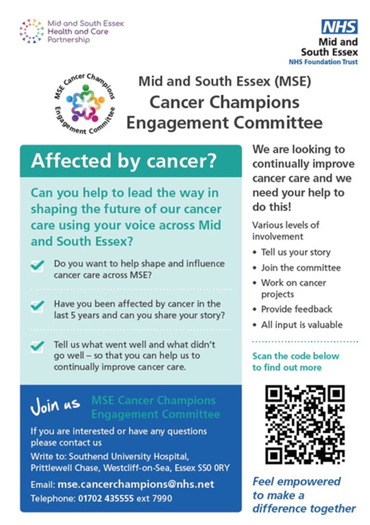 Our cancer teams are looking for cancer champions to join their engagement committee to help shape the services we provide. <a href="/MSEHospitals/">Mid and South Essex NHS Foundation Trust</a> Don't miss out, join now! Have your say!