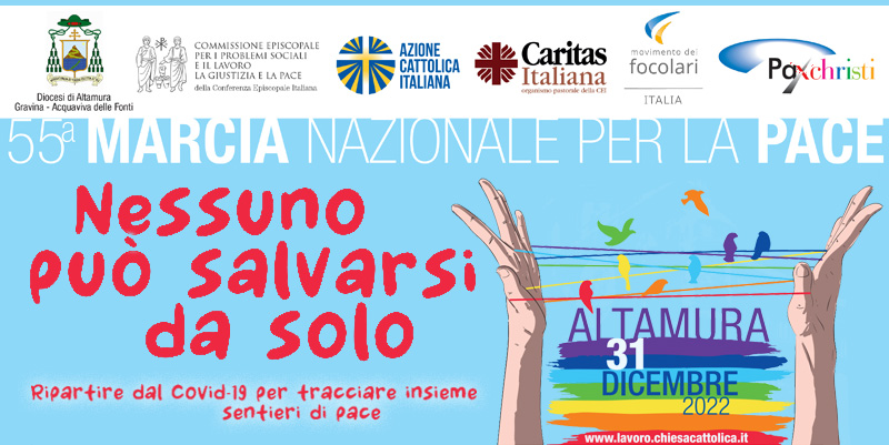 “Nessuno può salvarsi da solo. Ripartire dal Covid-19 per tracciare insieme sentieri di pace”: 56ª Giornata Mondiale della Pace 1° gennaio 2023 e 55ª «Marcia nazionale per la pace» 31 dicembre ad Altamura (BA).
Il messaggio: vatican.va/content/france…
Info: caritas.it/55a-marcia-naz…