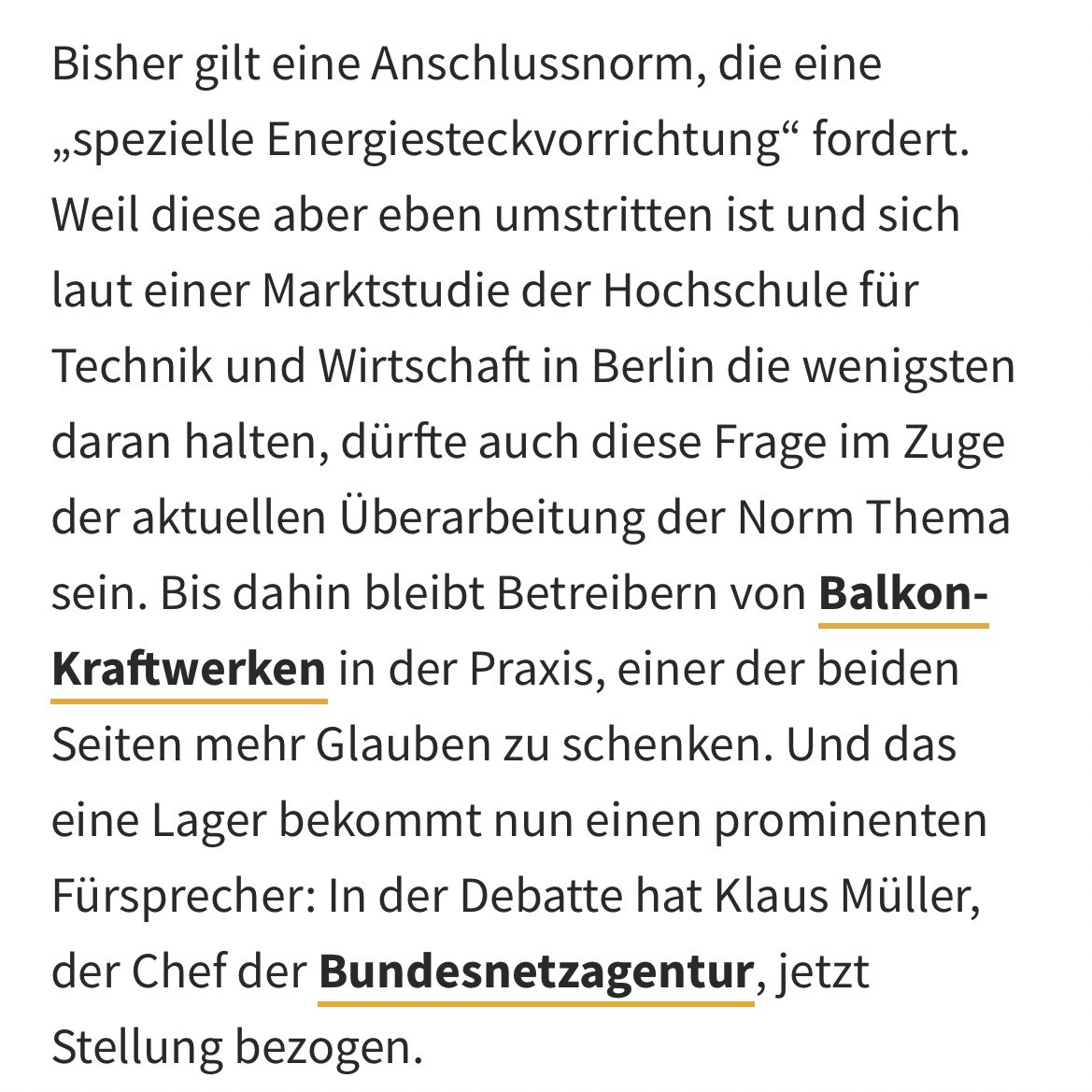Der Chef der <a href="/bnetza/">Bundesnetzagentur</a> <a href="/Klaus_Mueller/">Klaus Müller</a> geht davon aus, dass für #Balkonsolar ein normaler Stecker reicht! 
Er will sich damit auch an den VDE wenden.

Wir finden, das sind gute Nachrichten für #Steckersolar. #bürokratieabbau #energiewende #pluginpv 

stuttgarter-zeitung.de/inhalt.zwist-u…