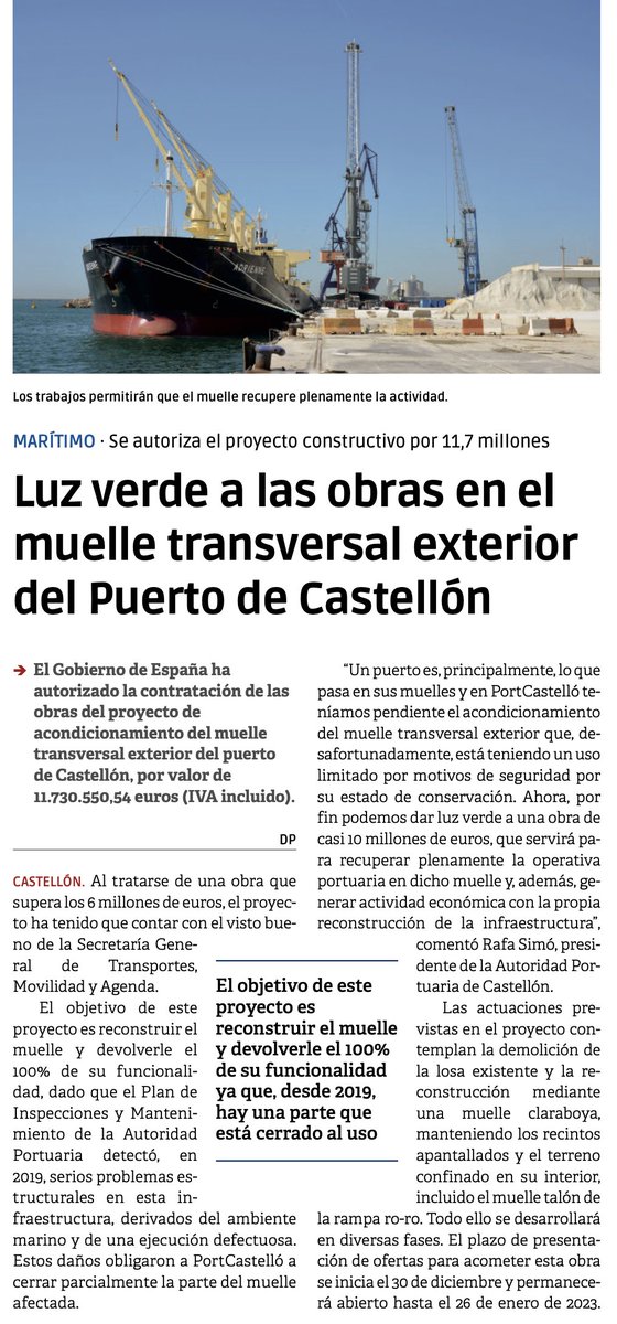 portcastello's tweet photo. Compartimos esta noticia en @DiariodelPuerto sobre una actuación esencial para #PortCastello: Luz verde para acondicionar nuestro muelle transversal exterior, para  ser más competitivos y más eficientes. https://t.co/ZDfJfWpeBK