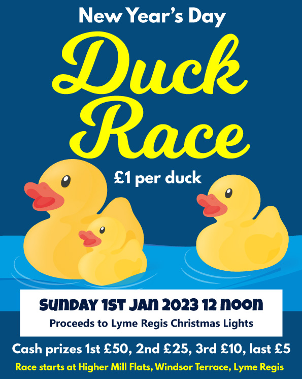 Get yours ducks for the Lyme Regis New Year's Day Duck Race at lymechristmaslights.co.uk/buyducks Starts midday from Windsor Terrace. Winners not in attendance will be notified. 1st duck wins £50.

#lymeregis #duckrace #lymeregisdorset