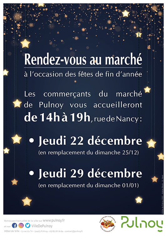 #MarcheMunicipal

⚠️ Cet après-midi dès 14h, rendez-vous au marché de #Pulnoy pour les emplettes avant 31 décembre. 
Les commerçants habituels seront ravis de vous accueillir 😃