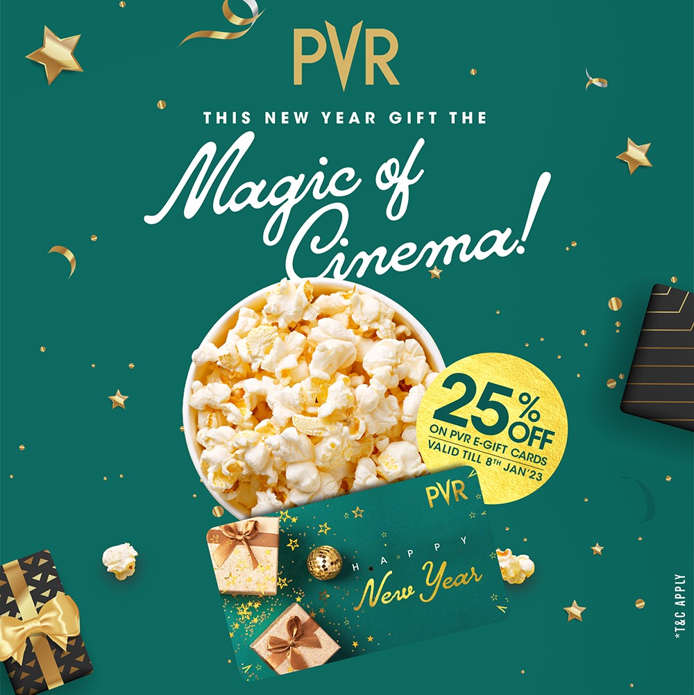 _PVRCinemas's tweet photo. Make this new year special for your loved ones by giving them the ultimate gift of entertainment! You can avail of 25% off on all PVR e-gift cards. 
Offer valid till 8th Jan’23. 

#PVRGiftCard #GiftCardOffer #Deal #GiftOfEntertainment #NewYearOffer #FestiveOffer #ExclusiveOffer https://t.co/RCndC9sWqi
