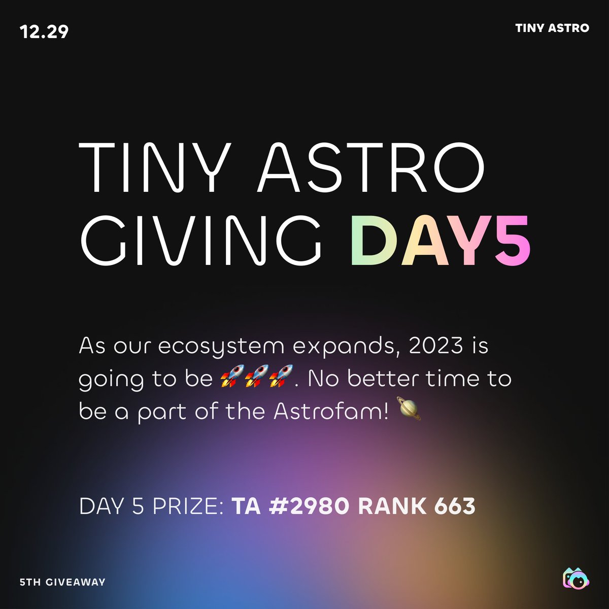 tinyastroNFT's tweet image. 🥳Day 5 of the Tiny Astro 7 Days of Giving🥳

🎁Prize: TA #2980 (Rank 663)

Requirements:

1️⃣Like + RT
2⃣Comment and tag👇on who helped you throughout your NFT journey. 

⏰24hrs