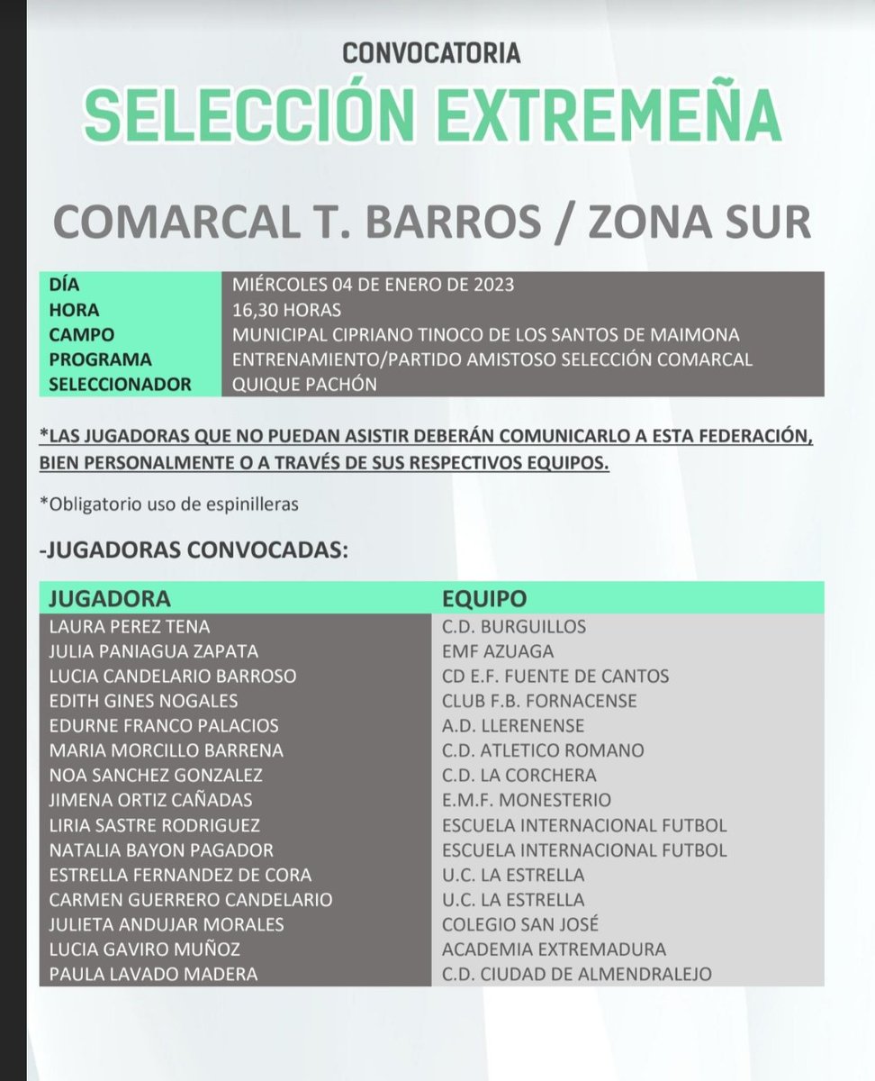 👏👏 NUESTRA JUGADORA ALEVÍN EDITH GINÉS VUELVE A SER CONVOCADA POR LA PRESELECCION EXTREMEÑA EN LA ZONA TIERRA DE BARROS / ZONA SUR, PARA REALIZAR ENTRENAMIENTOS EL PRÓXIMO DÍA 4 DE ENERO EN LA LOCALIDAD DE LOS SANTOS DE MAIMONA 👏👏💪💪💙🤍💙🤍 A SEGUIR CRECIENDO..Y DISFRUTA.