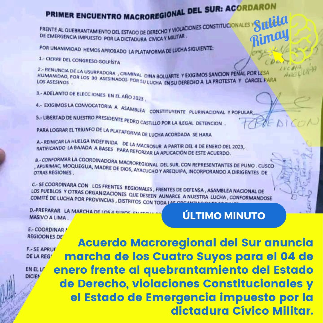 sutitarimay's tweet photo. Más de 50 organizaciones del #Sur peruano la tienen clara y anuncian #Marcha de los #4Suyos para el 04 de enero con pliego de reclamos urgentes. https://t.co/qm7JxCiW4c