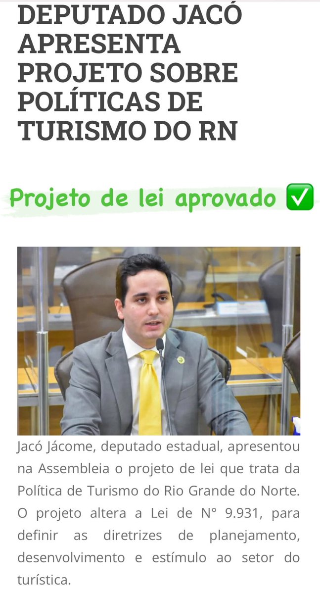 jacojacome's tweet photo. Projeto de Lei de fomento ao turismo aprovado ✅
Fica estabelecido a criação do Plano Intermunicipal de Transporte e Rodagem, a ser executado, pelos órgãos competentes, vinculados ao Governo do RN, sendo submetido a análise do Comitê Gestor de Planejamento Turístico. https://t.co/6XcEMmLaSj