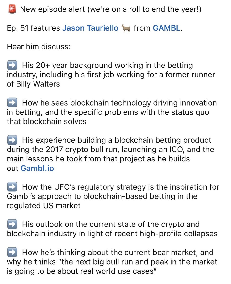 ICYMI: Jason Tauriello (<a href="/MMAforMoney/">Mr. Primetime 🐐</a>), sat down with <a href="/BettingStartups/">BettingStartups.com</a> to discuss his 20+ yrs in the betting industry, the role of blockchain tech in driving innovation, his thoughs on the current state of the crypto &amp; blockchain industry, and much more! 

bettingstartups.com/ep-51-jason-ta…