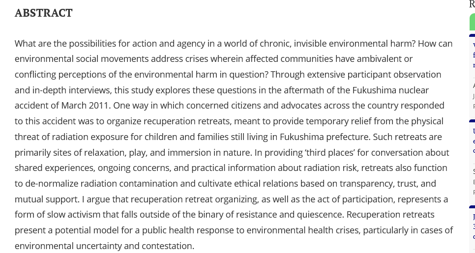DanielPAldrich's tweet photo. New #article from @EliciaCousins3: Slow activism in third places: de-normalizing radiation and rebuilding ethical relations after Fukushima
TL;DR: recuperation retreat represents a form of slow activism outside the binary of resistance and quiescence
https://t.co/A1FiZ5oqXL https://t.co/8tfJfzPTm0