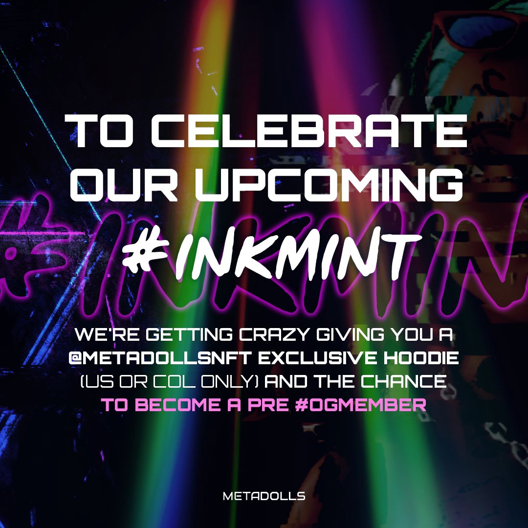 metadollsnft's tweet photo. #INKmint ✒️🩸 is happening  so soon and we're getting crazy GIVING YOU a #Metadolls exclusive hoodie and the chance to become a Pre #OGmember

To participate:
1⃣ Follow @MetadollsNFT 
2⃣ RT and Like this tweet
3⃣ Tag 2 frens

Jan 4th on @cryptocomnft 🤩👇
https://t.co/tpcYIC9MfL https://t.co/hbbwCAtfMA