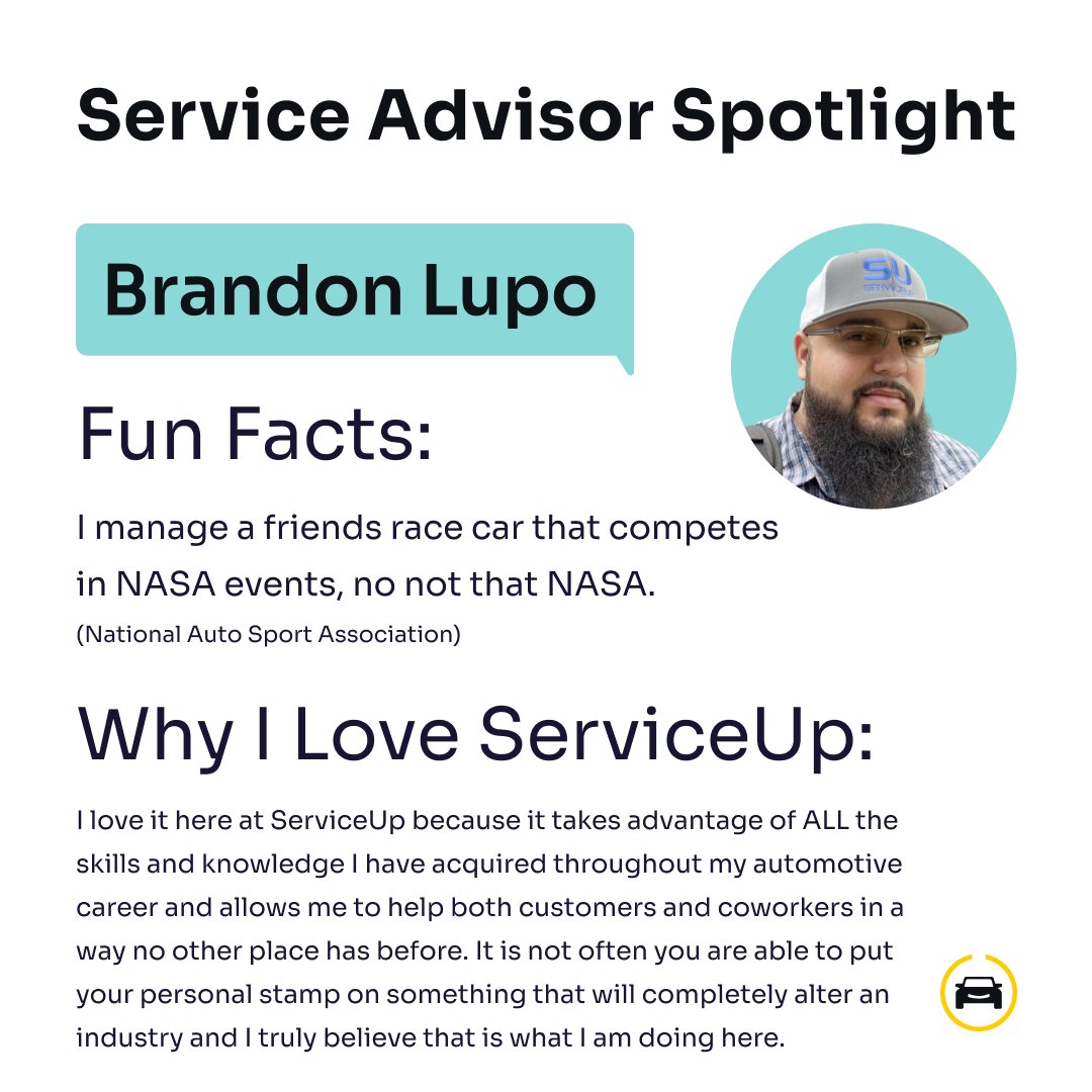 ServiceUpAuto's tweet photo. This week we’d like to give a spotlight to Brandon Lupo! Brandon is our Service Advisor team lead and has been crushing it in providing the best customer experience. Swipe to check out his bio. https://t.co/m86laxTtYz
-
#carrepair #bestcarrepair #bestautorepair https://t.co/wTlam4q69N
