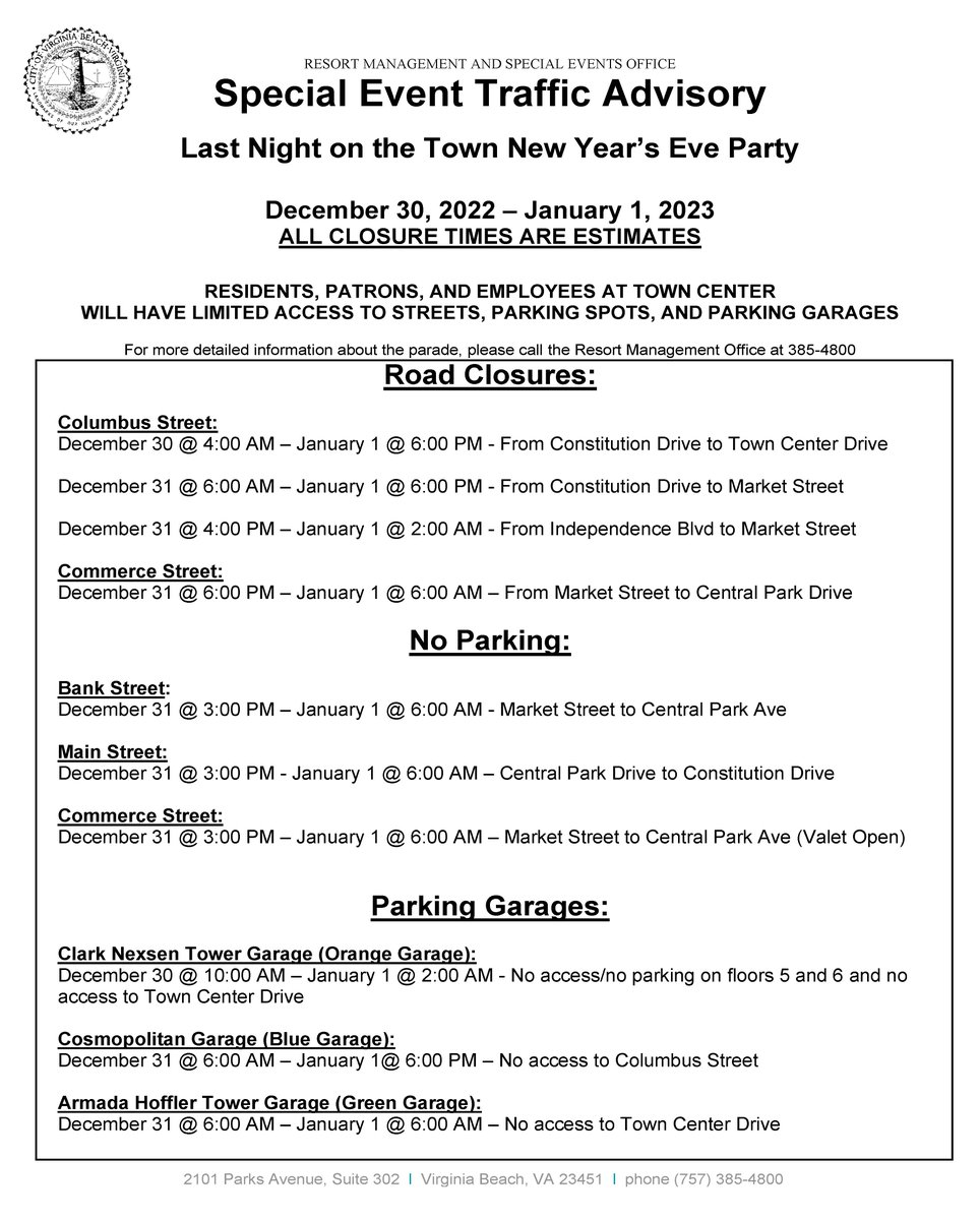VBPD's tweet photo. ⚠️Traffic Advisory⚠️
Please be aware portions of Town Center in Virginia Beach will be inaccessible or only partially accessible on December 30th, from 6 PM until January 1st, at approximately 12:15 AM for the Last Night on the Town New Year's Eve Party. See attachments for more. https://t.co/dcRnGjsEDr