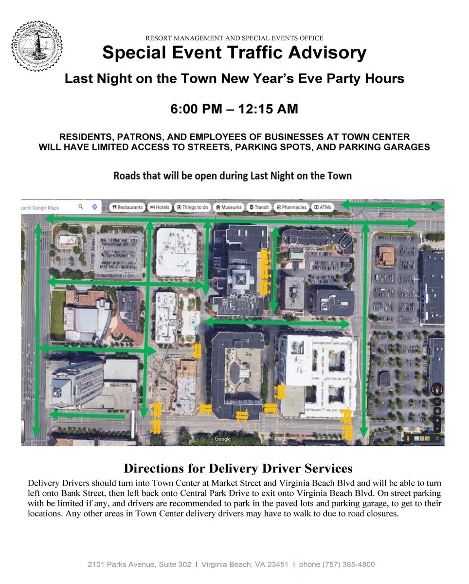VBPD's tweet photo. ⚠️Traffic Advisory⚠️
Please be aware portions of Town Center in Virginia Beach will be inaccessible or only partially accessible on December 30th, from 6 PM until January 1st, at approximately 12:15 AM for the Last Night on the Town New Year's Eve Party. See attachments for more. https://t.co/dcRnGjsEDr
