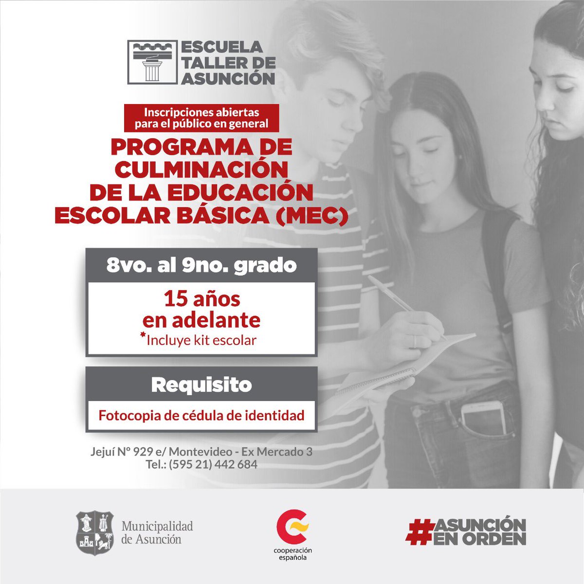 EscuelaTallerA's tweet photo. Están abiertas las inscripciones para el "Programa de Culminación de la Educación Básica para Jóvenes y Adultos del @MECpy", para el público general a partir los 15 años, en nuestra sede en Jejuí 929 casi Montevideo.  Más info 0961973101. https://t.co/RCzMGbKdcR