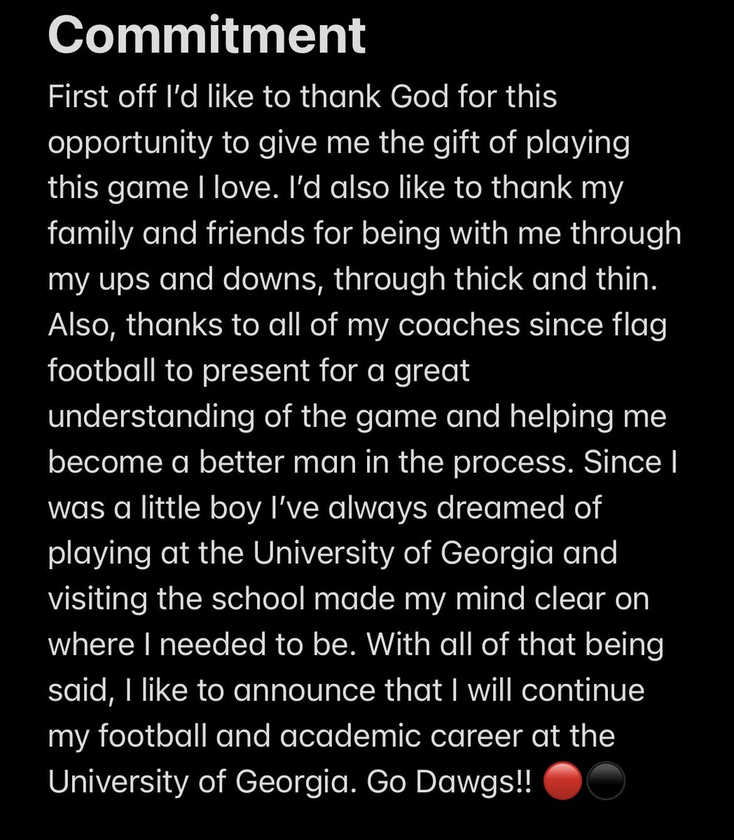 Committed to the G! ⚫️🔴 <a href="/CoachTommyAtha/">Tommy Atha</a> <a href="/DeanRatledge81/">Dean Ratledge</a> <a href="/SSearels/">Stacy Searels</a> <a href="/KirbySmartUGA/">Coach Kirby Smart</a> <a href="/RecruitGeorgia/">Recruit Georgia</a> <a href="/NwGaFootball/">NwGa Football</a> @Mansell247 <a href="/GeorgiaFootball/">Georgia Football</a>