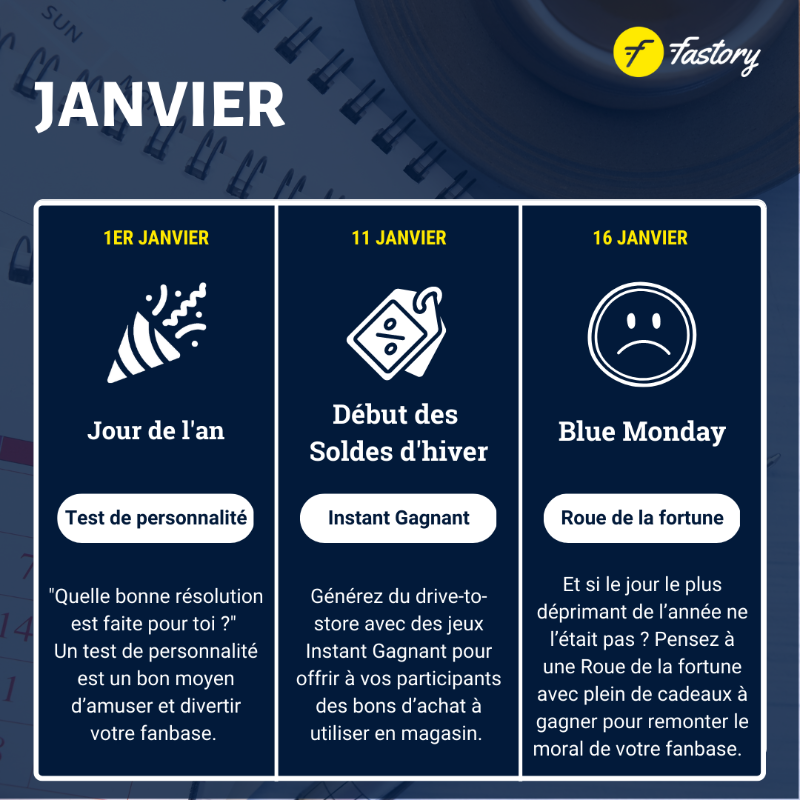 fastory's tweet photo. 📅 Les 3 temps forts pour votre mois de janvier.

💡Miser sur les temps forts de l’année. C’est un des bons leviers à ajouter dans votre stratégie de communication pour susciter de l’engagement auprès de votre fanbase.

#SocialMedia #réseauxsociaux #MarketingDigital #CM