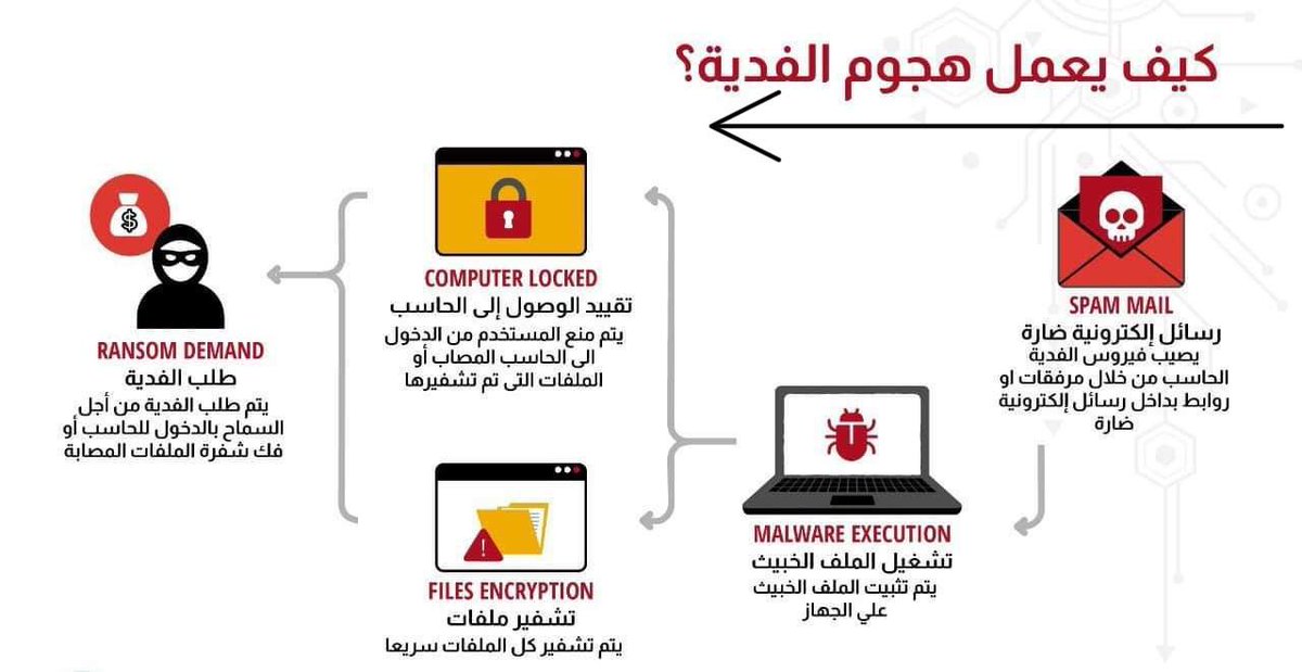 هجوم الفدية
هي هجمات التي تستخدم برمجيات ضارة في تشفير البيانات والملفات لأهدافها، وتختلف عن حملات الابتزاز العادية، فهي تستخدم هجمات الحرمان من الخدمة في إغراق الأهداف بحركة مرور مع وعد بإيقاف هجومهم بعد أخذ مبلغ مالي.