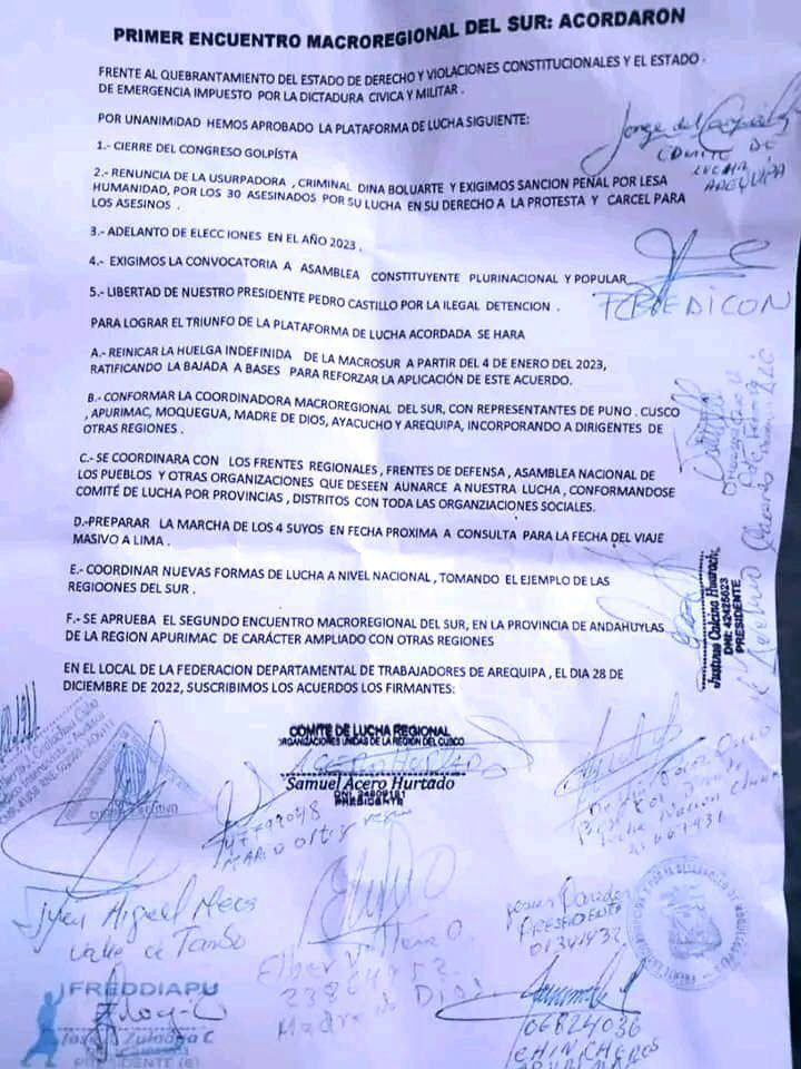 Del Sur del Perú viene la organización para anunciar las medidas de lucha contra el gobierno de Dina Boluarte. 

✊