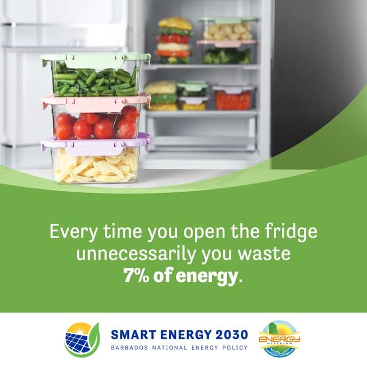 Reduce how often you open the fridge door 🥦🍗. Unnecessary door openings allow warm air to enter and can account for over 7% of fridge energy use. #SmartEnergy2030 #BarbadosEnergyPolicy