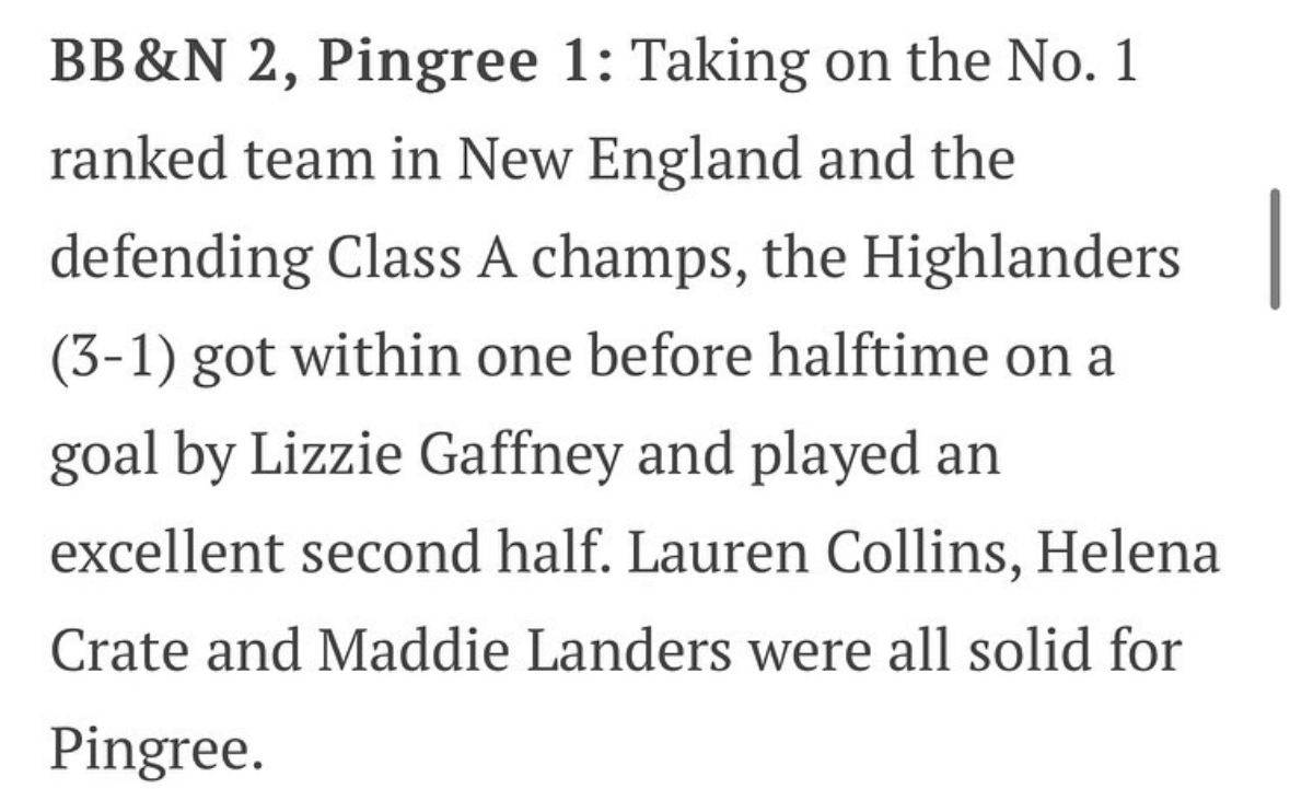 Helena Crate | 2024 | Midfield | NEFC | Pingree (@helenacrate2024) on Twitter photo Here are the highlights from my game against BB&N, Class A Champions! It was a great opportunity for me to match up and show that I can compete at the next level. BB&N has girls committed to <a href="/DartmouthWSoc/">Dartmouth Women's Soccer</a>, <a href="/DukeWSOC/">Duke Women's Soccer</a>, <a href="/uncwomenssoccer/">UNC Women's Soccer</a> and <a href="/HopkinsWSoccer/">Johns Hopkins Women's Soccer</a> Here are the highlights from my game against BB&N, Class A Champions! It was a great opportunity for me to match up and show that I can compete at the next level. BB&N has girls committed to <a href="/DartmouthWSoc/">Dartmouth Women's Soccer</a>, <a href="/DukeWSOC/">Duke Women's Soccer</a>, <a href="/uncwomenssoccer/">UNC Women's Soccer</a> and <a href="/HopkinsWSoccer/">Johns Hopkins Women's Soccer</a>