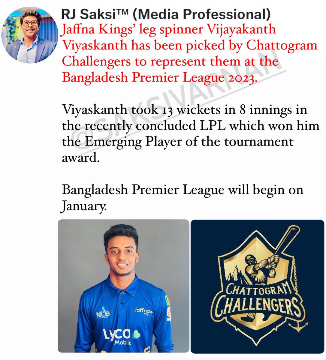 saksivarnan's tweet photo. #JaffnaKings’ leg spinner Vijayakanth #Viyaskanth has been picked by #ChattogramChallengers to represent them at the #BPL 2023! https://t.co/S7qhgF4mZS