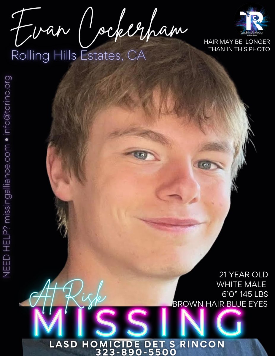 truecrimereplay's tweet photo. #EvanCockerham is #MISSING in Rolling Hills Estates, CA. He is at risk and may be in need of mental health assistance. #California @LASDHQ https://t.co/mgmQG9zi1R