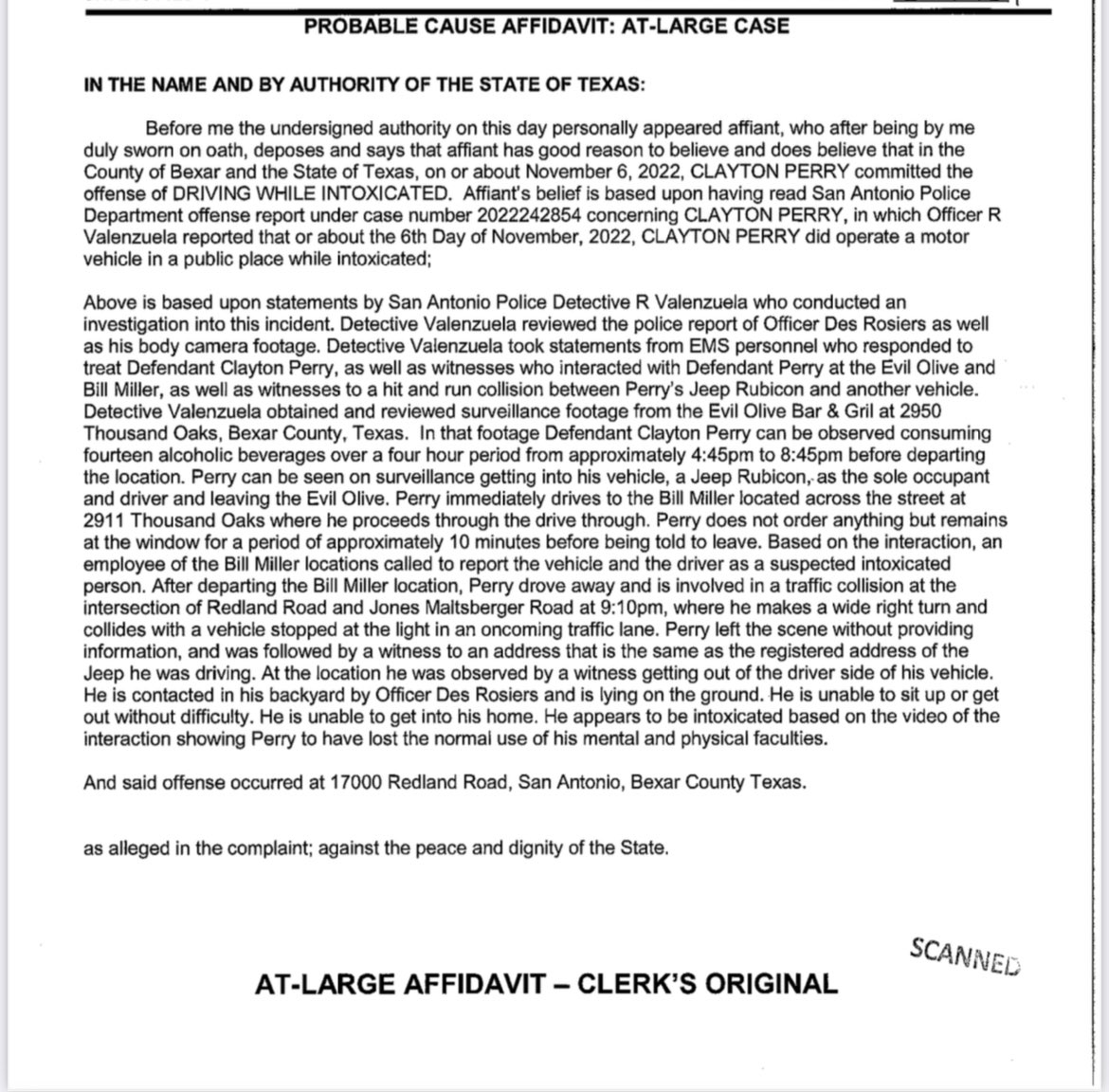 dilloncollier's tweet photo. .@BrngerReports has gotten ahold of the DWI probable cause warrant for Councilman Clayton Perry. The allegations include Perry consuming 14 ALCOHOLIC BEVERAGES over four hours at the Evil Olive before his wrong way crash later that night. https://t.co/9DV5XiKhJR