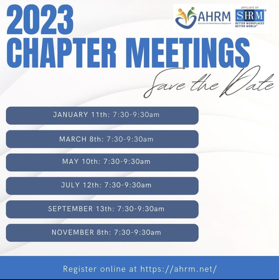 AHRMGR's tweet photo. As you crack open those new 2023 calendars, don't forget to mark the upcoming AHRM chapter meetings! Registration is open now for our first 4 meetings of the year, so be sure to save your spot by visiting https://t.co/GkHrVqRMy7
 
You won’t want to miss these programs &amp; speakers! https://t.co/UDLFakEK6E