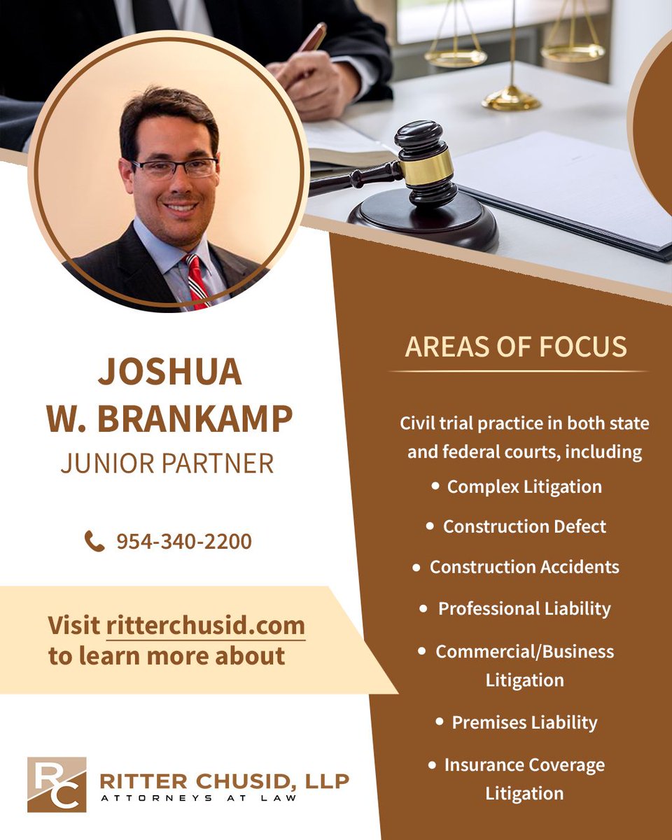 Joshua W. Brankamp is a Junior Partner at Ritter Chusid, LLP. Visit our website, ritterchusid.com to learn more about Joshua! #attorney #lawfirm #lawyer #law #CoralSprings #BocaRaton #Florida #litigation #court #trial #liability #business