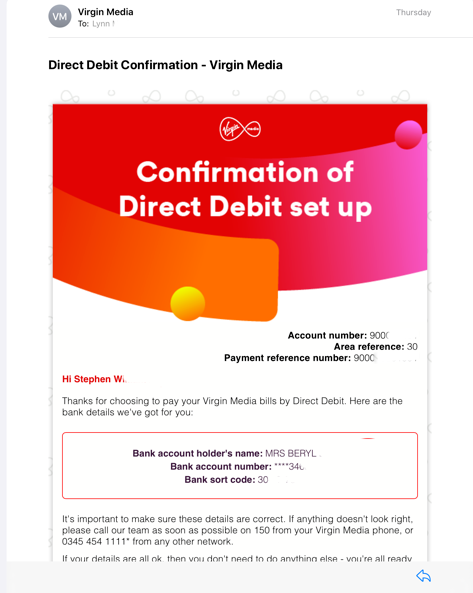 Hey <a href="/virginmedia/">Virgin Media ❤️</a> why are you still sending my deceased mother emails addressed to someone else and including their bank details? Having to sort this for the second time is annoying and very upsetting. Please explain.