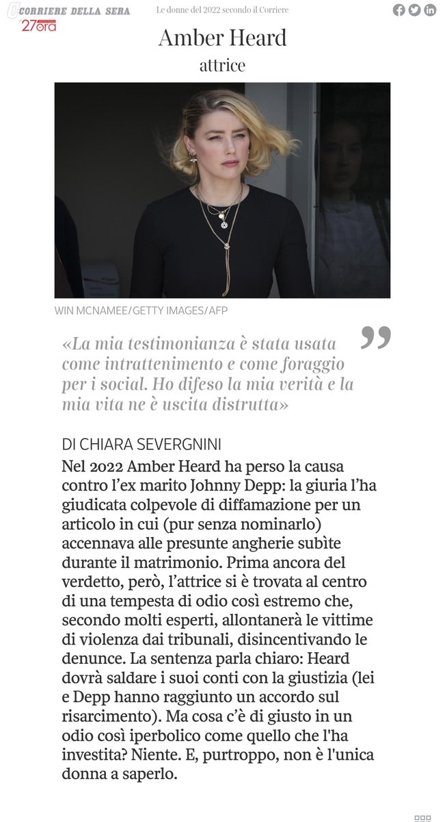 AmberHeardIT's tweet photo. #AmberHeard is among 50 women being named as Corriere ’s Women of the Year for 2022 💜
#IStandWithAmberHeard
#AmberIsFree
#AmberHeardGotHerVoiceBack

https://t.co/fZcyoFZQKe https://t.co/jNEHLE6ITH