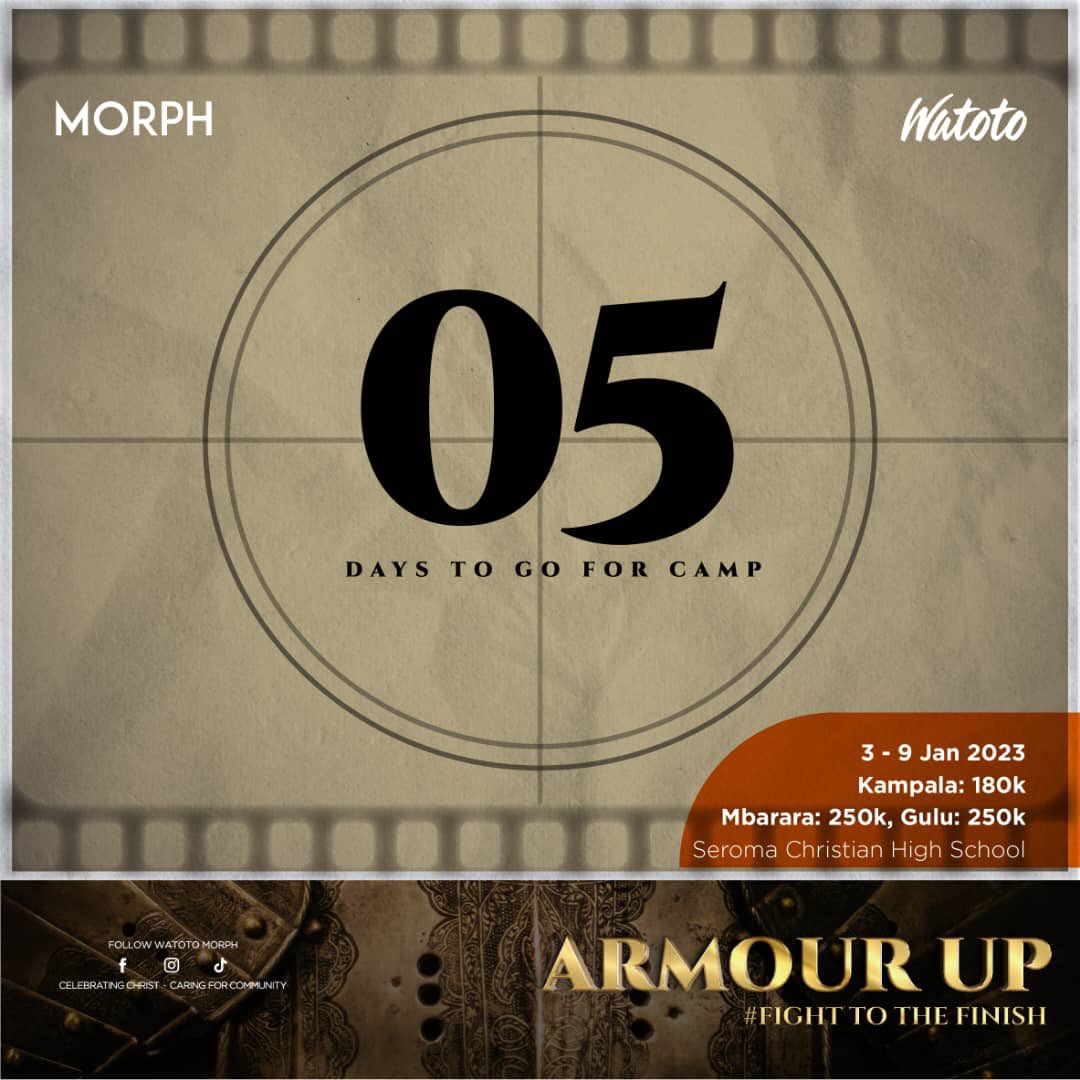 ZaneSoll's tweet photo. MORPH CAMP 2023
ARMOUR UP
#FightToTheFinish 
Deadline for payments Saturday 31st. @watotoHM @watotochurch https://t.co/hsJlvIGKuh