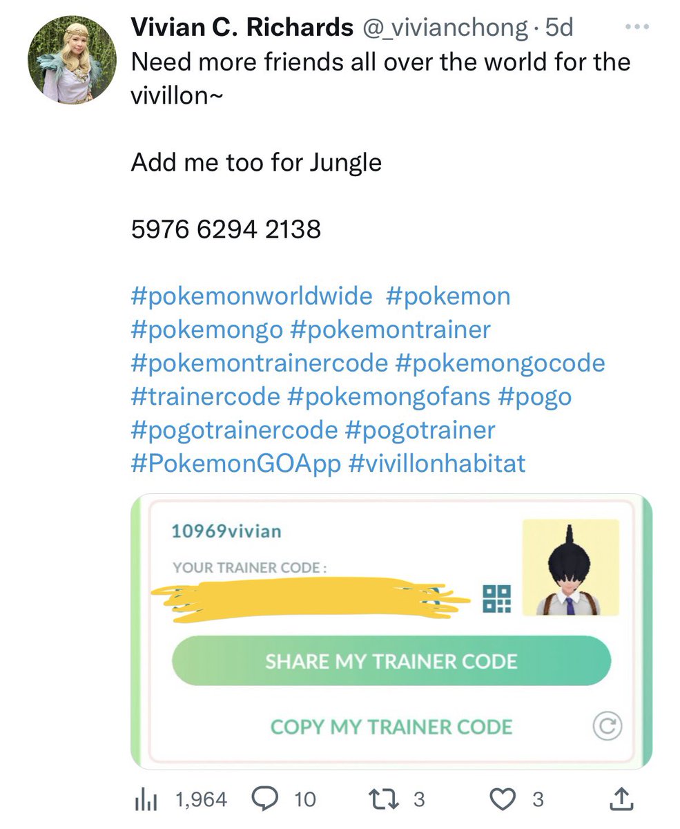 _vivianchong's tweet photo. Thank you for all the requests, my list is full and unable to approve new friends at the moment
#pokemonworldwide #pokemon #pokemongo #pokemontrainer #pokemontrainercode #pokemongocode #trainercode #pokemongofans #pogo #pogotrainercode #pogotrainer #PokemonGOApp #vivillonhabitat https://t.co/MiRS5wylxd