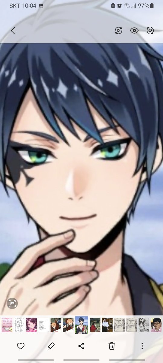 male focus 1boy open mouth blue hair green eyes solo black hair  illustration images