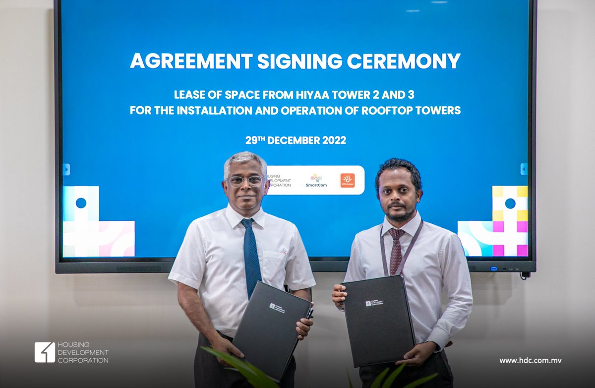 hdcmaldives's tweet image. We have signed an agreement with @Dhiraagu for the installation and operation of rooftop towers in Hiyaa Tower 2 and 3. With these cellular towers, the mobile coverage in Hiyaa area will be improved. 

@SmartCommv #smartcities #EnablingConnectedCommunities