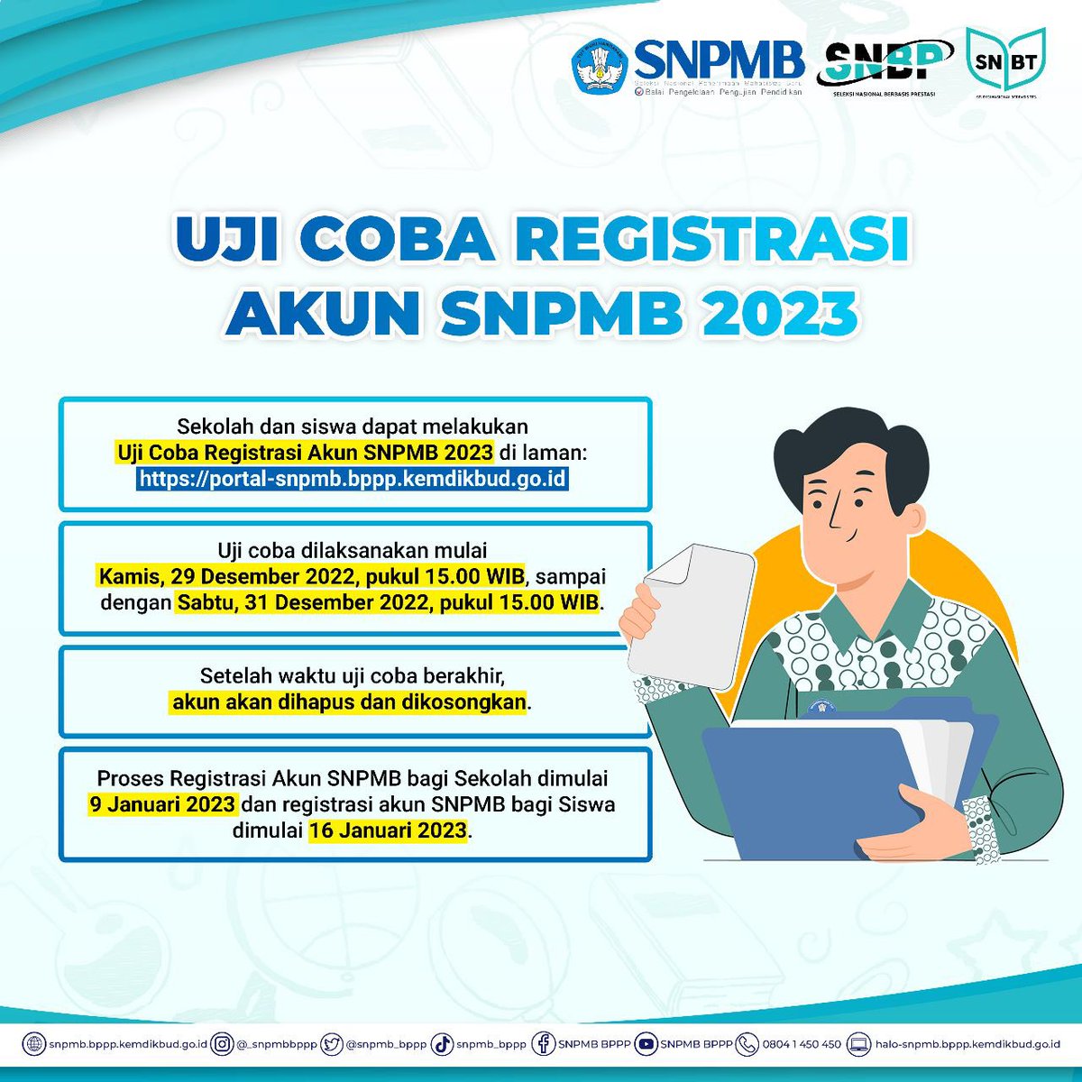 well3officlaI's tweet photo. UJI COBA REGISTRASI AKUN SNPMB 2023

Halo Calon Mahasiswa Indonesia!

Sekolah dan siswa dapat melakukan Uji Coba Registrasi Akun SNPMB 2023 di laman: https://t.co/nPqb66phuO https://t.co/SGfXinvPiX