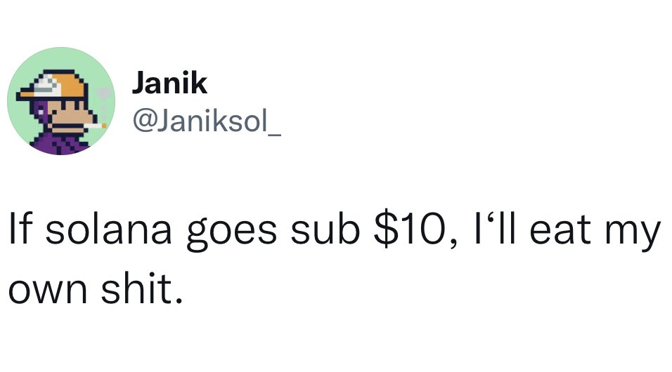 DegenerateNews's tweet photo. ICYMI: @Janiksol_ PROMISED TO EAT HIS OWN SHIT IF $SOL DROPPED BELOW $10 - IT DID https://t.co/KWcvFe9p3G