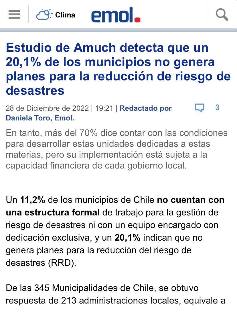 Estudio sobre gestión de riesgo municipal de <a href="/AmuchChile/">AMUCH - Asociación de Municipalidades de Chile</a> entrega una radiografía del 61,7% de las municipalidades a nivel nacional.          👉🏼 emol.com/noticias/Nacio…